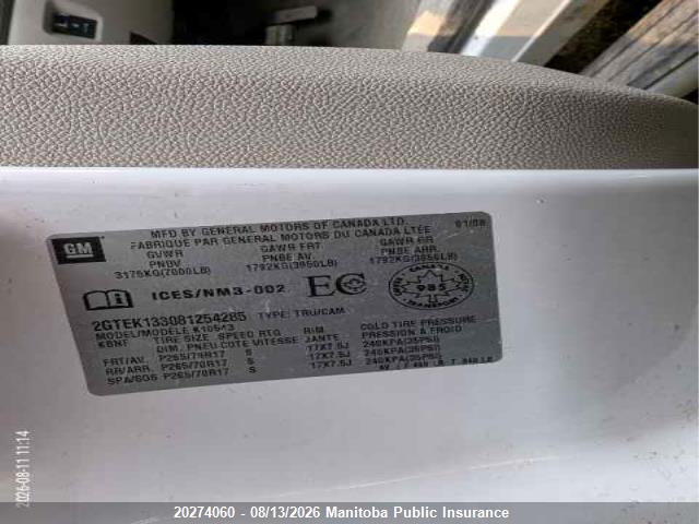 20274060 :رقم المزاد ، 2GTEK133081254285 vin ، 2008 Gmc Sierra 1500 Slt Crew Cab مزاد بيع