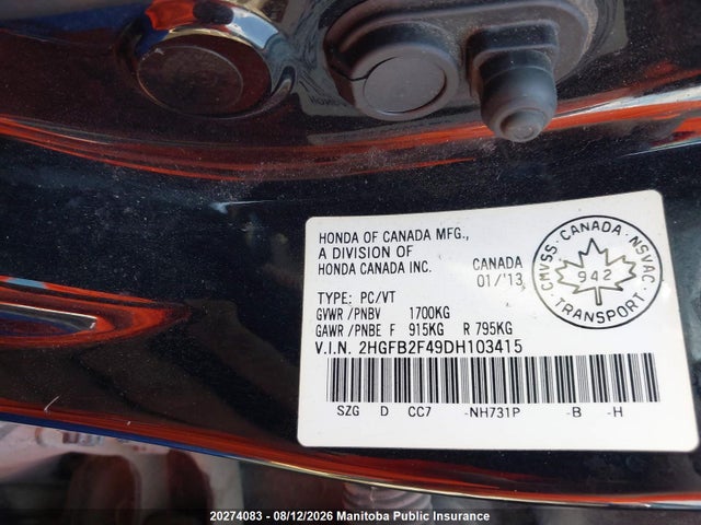 20274083 :رقم المزاد ، 2HGFB2F49DH103415 vin ، 2013 Honda Civic Lx مزاد بيع