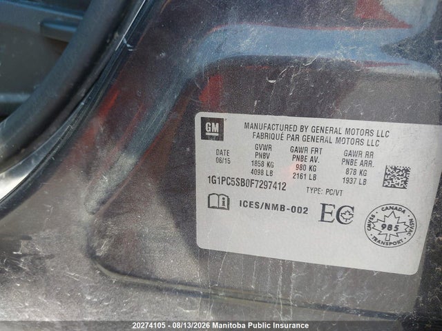 Продажа на аукционе авто 2015 Chevrolet Cruze Lt Turbo, vin: 1G1PC5SB0F7297412, номер лота: 20274105