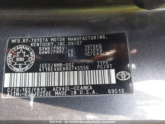2008 Toyota Camry Le მანქანა იყიდება აუქციონზე, vin: 4T1BE46K88U745556, აუქციონის ნომერი: 20274109