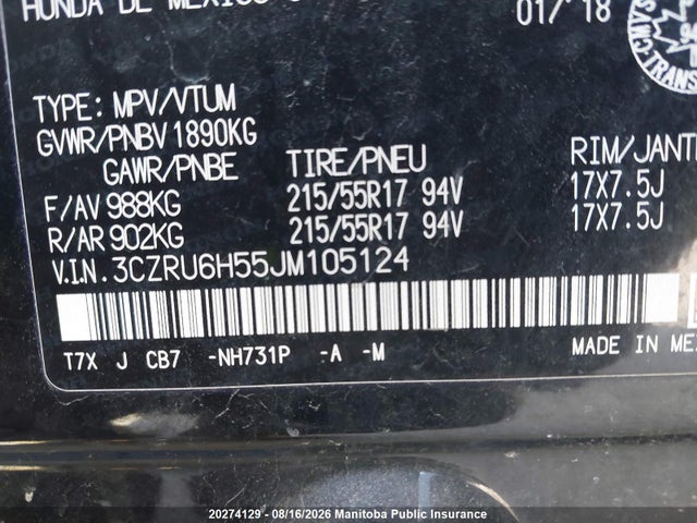 Aukcja sprzedaży 2018 Honda Hr-v Ex, vin: 3CZRU6H55JM105124, numer aukcji: 20274129