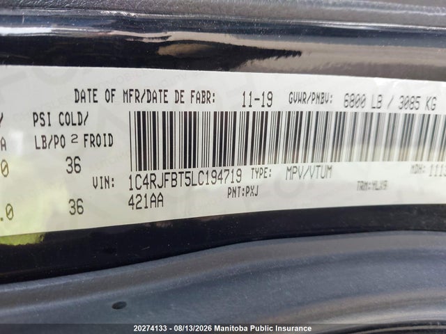 20274133 :رقم المزاد ، 1C4RJFBT5LC194719 vin ، 2020 Jeep Grand Cherokee Limited مزاد بيع
