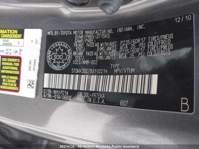 2011 Toyota Sienna Le V6 მანქანა იყიდება აუქციონზე, vin: 5TDKK3DC7BS110214, აუქციონის ნომერი: 20274134