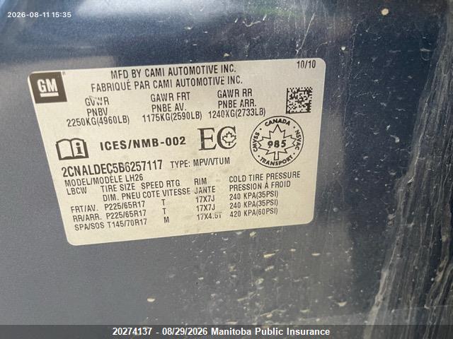 2011 Chevrolet Equinox Lt მანქანა იყიდება აუქციონზე, vin: 2CNALDEC5B6257117, აუქციონის ნომერი: 20274137