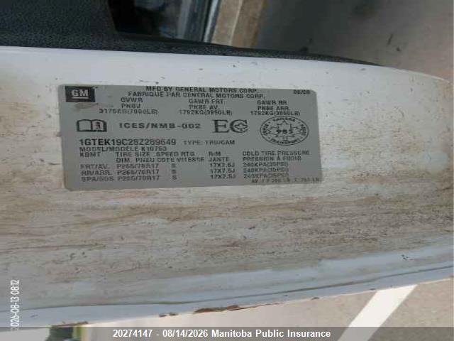 20274147 :رقم المزاد ، 1GTEK19C28Z289649 vin ، 2008 Gmc Sierra 1500 Sl Ext Cab مزاد بيع