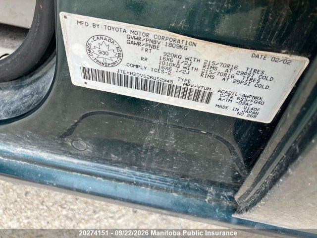 Aukcja sprzedaży 2002 Toyota Rav4, vin: JTEHH20V526052948, numer aukcji: 20274151