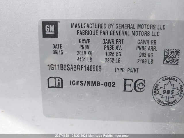 1G11B5SA3GF140805 Chevrolet Malibu Limited Ls