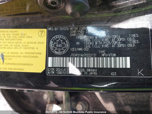 20274175 :رقم المزاد ، JTEHP21A670222131 vin ، 2007 Toyota Highlander V6 مزاد بيع