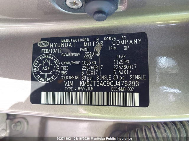 Aukcja sprzedaży 2012 Hyundai Tucson Gl, vin: KM8JT3AC9CU476293, numer aukcji: 20274192