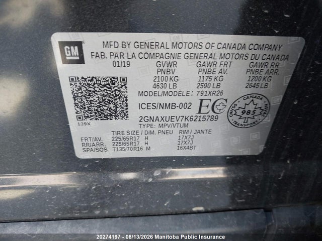 2019 Chevrolet Equinox Lt მანქანა იყიდება აუქციონზე, vin: 2GNAXUEV7K6215789, აუქციონის ნომერი: 20274197