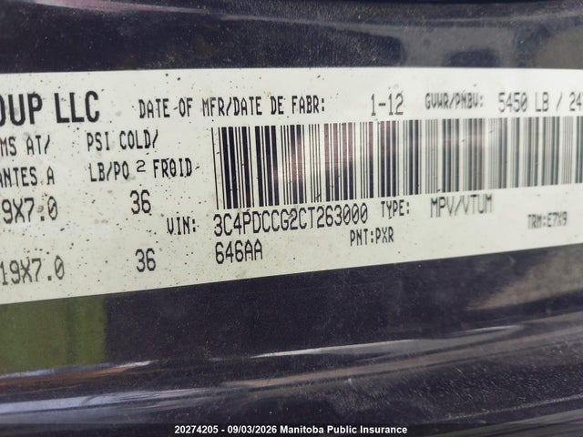 Продажа на аукционе авто 2012 Dodge Journey Sxt, vin: 3C4PDCCG2CT263000, номер лота: 20274205