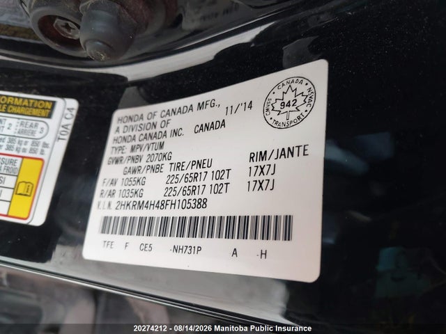 Aukcja sprzedaży 2015 Honda Cr-v Se, vin: 2HKRM4H48FH105388, numer aukcji: 20274212