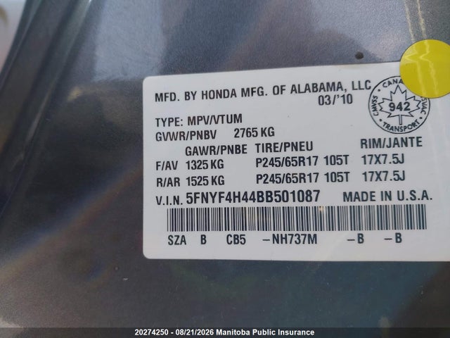 Aukcja sprzedaży 2011 Honda Pilot Ex, vin: 5FNYF4H44BB501087, numer aukcji: 20274250