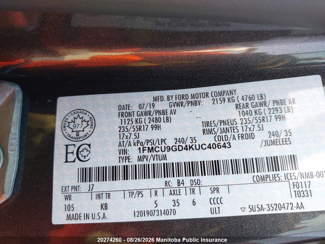 1FMCU9GD4KUC40643 Ford ESCAPE SE