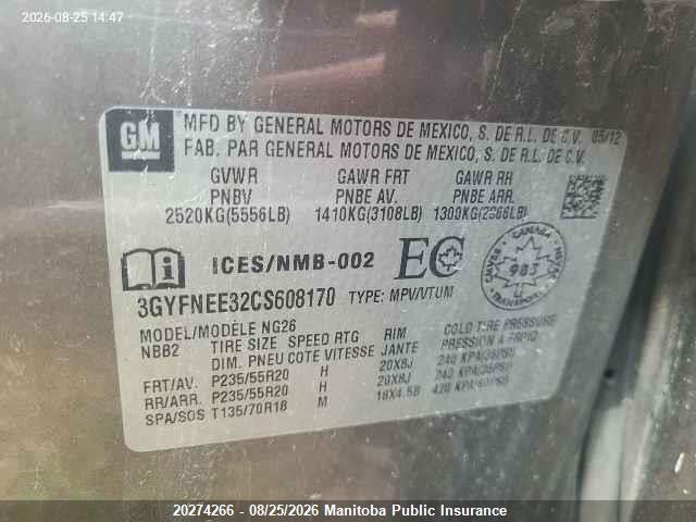 20274266 :رقم المزاد ، 3GYFNEE32CS608170 vin ، 2012 Cadillac Srx V6 مزاد بيع