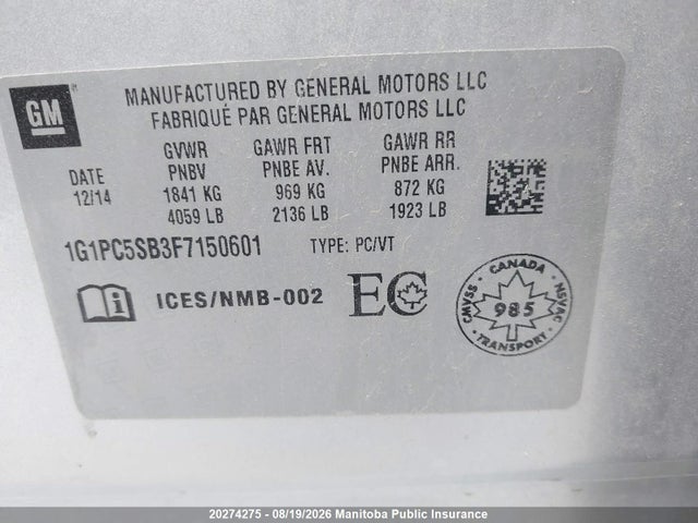 1G1PC5SB3F7150601 Chevrolet Cruze Lt Turbo