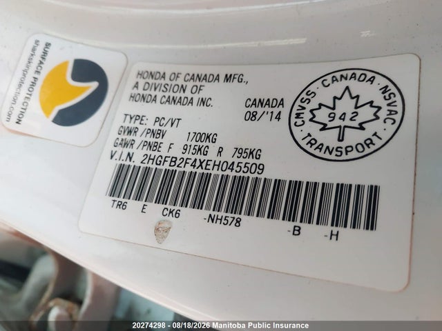 Honda Civic Lx 2014 2HGFB2F4XEH045509 Image 9
