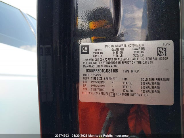 20274303 :رقم المزاد ، 1GKKRRED1CJ331106 vin ، 2012 Gmc Acadia Slt مزاد بيع