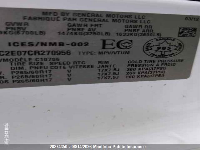 2012 Chevrolet Tahoe Ls მანქანა იყიდება აუქციონზე, vin: 1GNLC2E07CR270956, აუქციონის ნომერი: 20274350