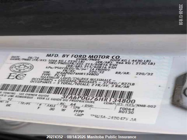 Ford FUSION S 2017 3FA6P0G76HR134800 Image 9