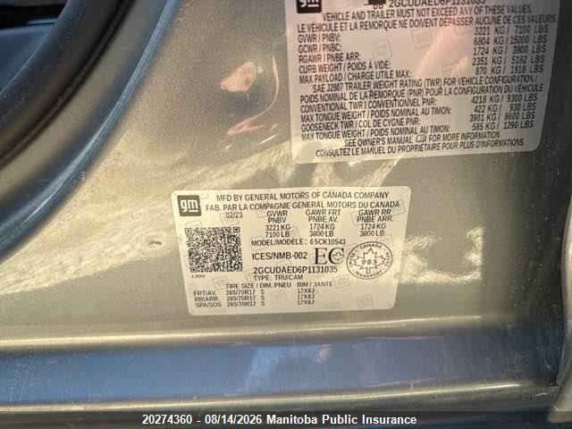 20274360 :رقم المزاد ، 2GCUDAED6P1131035 vin ، 2023 Chevrolet Silverado 1500 Wt Crew Cab مزاد بيع