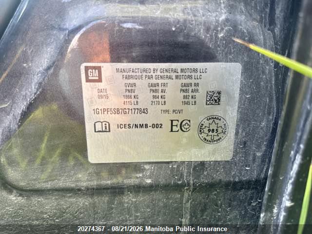 1G1PF5SB7G7177843 Chevrolet Cruze Lt Turbo