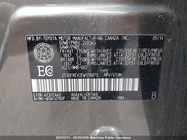 Aukcja sprzedaży 2014 Toyota Rav4 Limited, vin: 2T3DFREV2EW178875, numer aukcji: 20274373