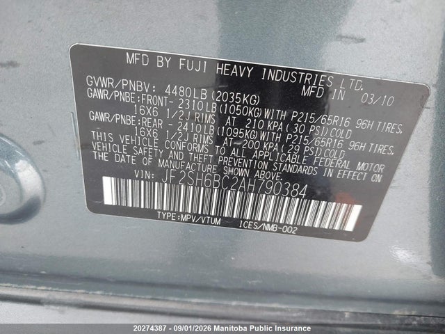Aukcja sprzedaży 2010 Subaru Forester 2.5 X Pzev, vin: JF2SH6BC2AH790384, numer aukcji: 20274387
