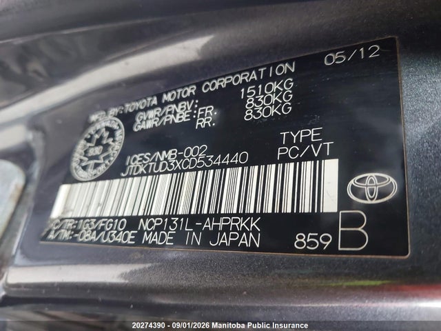 Aukcja sprzedaży 2012 Toyota Yaris Le, vin: JTDKTUD3XCD534440, numer aukcji: 20274390