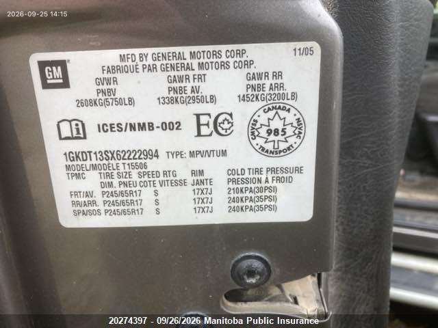 Продажа на аукционе авто 2006 Gmc Envoy Sle, vin: 1GKDT13SX62222994, номер лота: 20274397