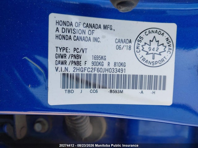 Honda Civic Lx 2018 2HGFC2F60JH033491 Image 9