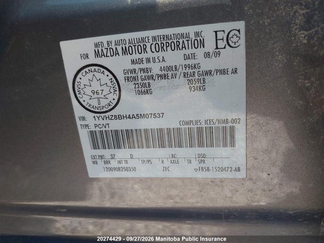 20274429 :رقم المزاد ، 1YVHZ8BH4A5M07537 vin ، 2010 Mazda Mazda6 Gs مزاد بيع