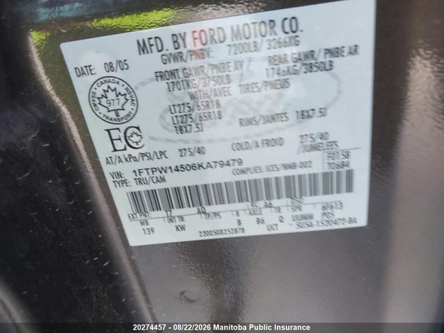 Aukcja sprzedaży 2006 Ford F150 Lariat King Ranch Supcrew, vin: 1FTPW14506KA79479, numer aukcji: 20274457