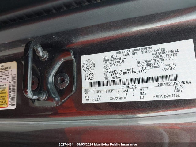 20274494 :رقم المزاد ، 1FTEX1EB1JFA51510 vin ، 2018 Ford F150 Xlt Supercab مزاد بيع