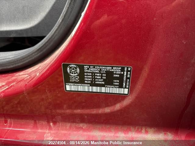 Продаж на аукціоні авто 2016 Volkswagen Passat 1.8 Tsi, vin: 1VWBS7A34GC028829, номер лоту: 20274504
