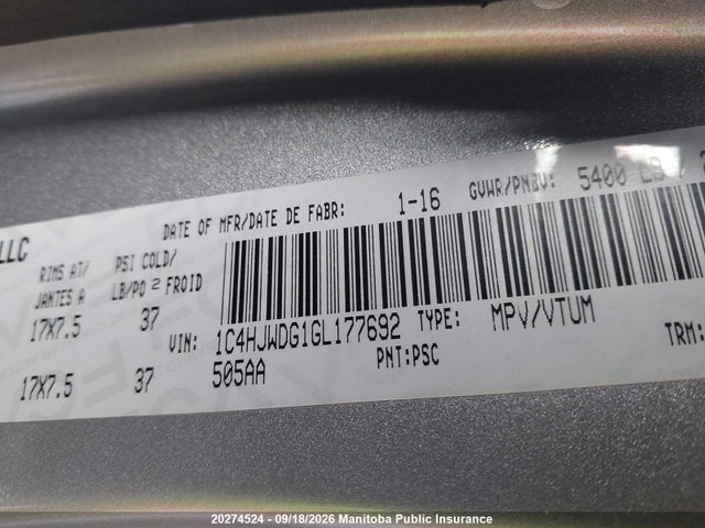 20274524 :رقم المزاد ، 1C4HJWDG1GL177692 vin ، 2016 Jeep Wrangler Unlimited Sport مزاد بيع