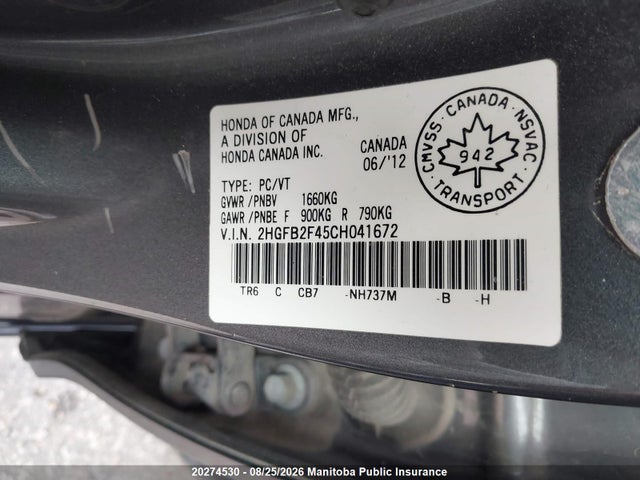 Aukcja sprzedaży 2012 Honda Civic Lx, vin: 2HGFB2F45CH041672, numer aukcji: 20274530