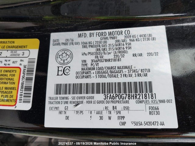 Ford FUSION S 2017 3FA6P0G78HR218181 Image 8