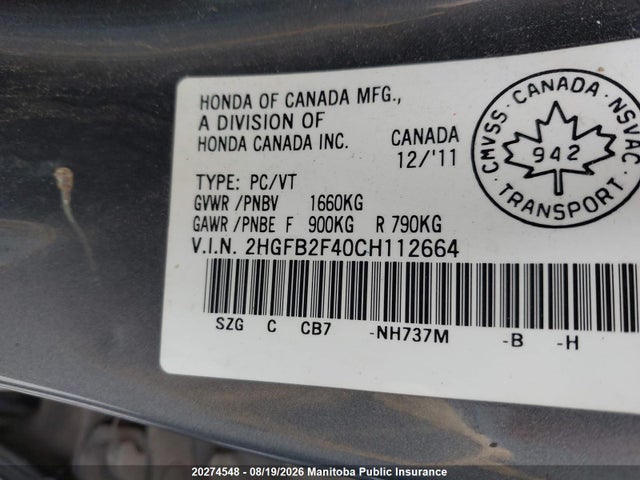 20274548 :رقم المزاد ، 2HGFB2F40CH112664 vin ، 2012 Honda Civic Lx مزاد بيع