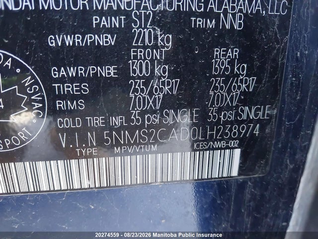 5NMS2CAD0LH238974 Hyundai Santa Fe Essential