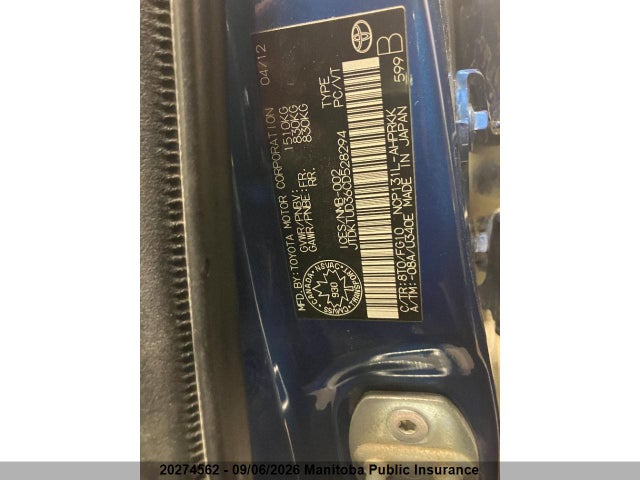 20274562 :رقم المزاد ، JTDKTUD36CD528294 vin ، 2012 Toyota Yaris Le مزاد بيع