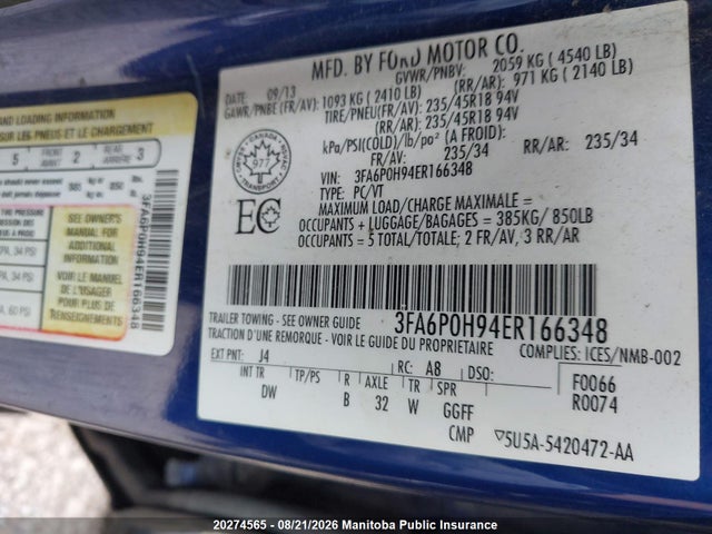 Ford FUSION SE 2014 3FA6P0H94ER166348 Image 9
