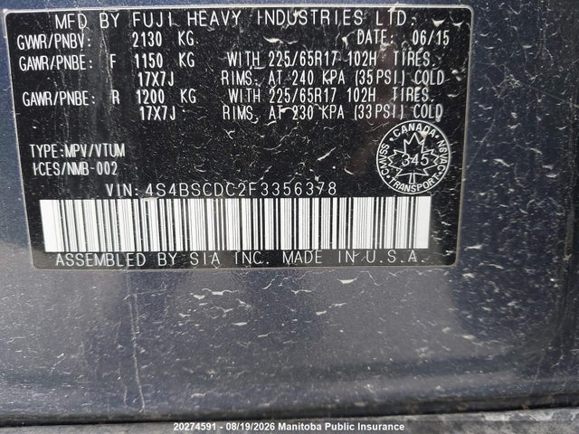 Subaru Outback 2.5i Touring 2015 4S4BSCDC2F3356378 Image 8