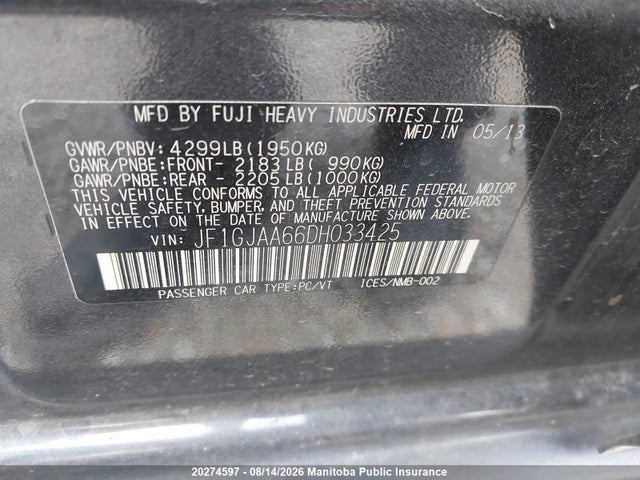 Aukcja sprzedaży 2013 Subaru Impreza 2.0i, vin: JF1GJAA66DH033425, numer aukcji: 20274597