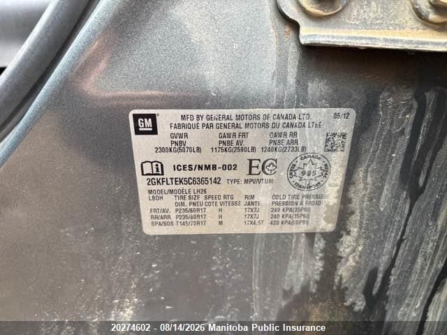 Aukcja sprzedaży 2012 Gmc Terrain Sle, vin: 2GKFLTEK5C6365142, numer aukcji: 20274602