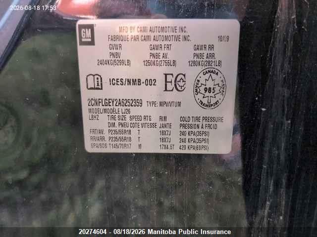Aukcja sprzedaży 2010 Chevrolet Equinox Ltz V6, vin: 2CNFLGEY2A6252359, numer aukcji: 20274604
