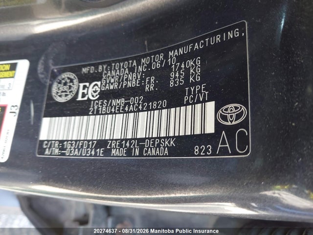 20274637 :رقم المزاد ، 2T1BU4EE4AC421820 vin ، 2010 Toyota Corolla S مزاد بيع
