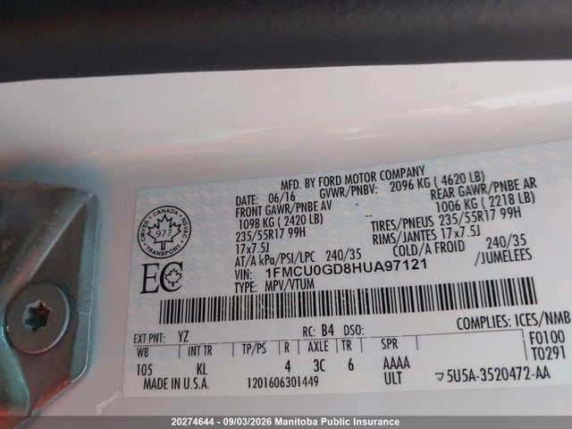 Продажа на аукционе авто 2017 Ford Escape Se, vin: 1FMCU0GD8HUA97121, номер лота: 20274644