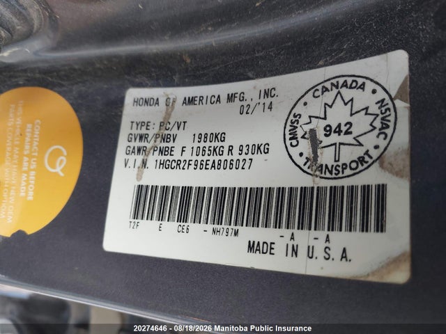 Honda Accord Touring 2014 1HGCR2F96EA806027 Image 9