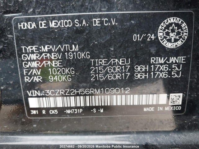 Aukcja sprzedaży 2024 Honda Hr-v Sport-b, vin: 3CZRZ2H56RM109012, numer aukcji: 20274662